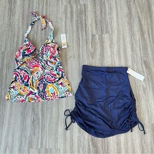 🆕 Anne Cole Paisley Circle Ring Halter Tankini Top and Navy Blue Skirted Bottom